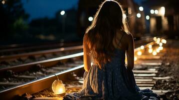 a woman sitting on the railroad tracks at night generative ai photo