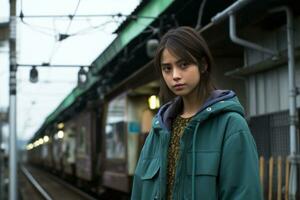 un mujer en pie en frente de un tren foto