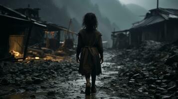 a woman walks through a ruined village at night generative ai photo