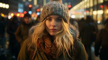 a woman wearing a beanie standing in the middle of a crowded street generative ai photo