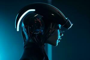 a woman wearing a futuristic helmet in a dark room photo