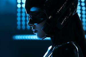 a woman wearing a futuristic helmet in front of blue lights generative ai photo