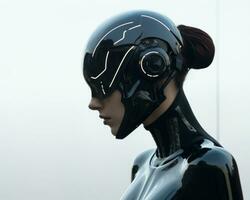 a woman wearing a futuristic helmet in front of a white background generative ai photo