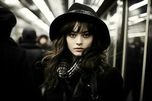 a woman wearing a hat and scarf on a subway train photo