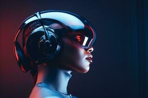 a woman wearing a helmet and headphones in front of a dark background generative ai photo