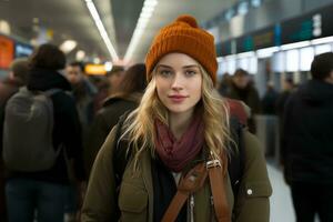 a woman wearing an orange beanie in an airport generative ai photo