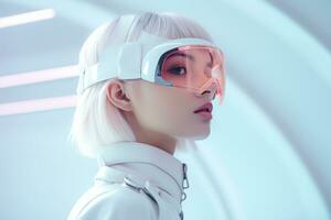 un mujer vistiendo futurista gafas de protección en un futurista ajuste generativo ai foto