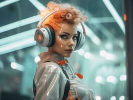 a woman wearing headphones in a futuristic setting generative ai photo