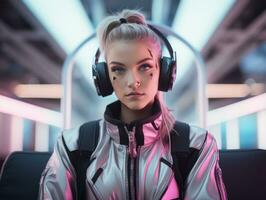 a woman wearing headphones in a futuristic setting generative ai photo