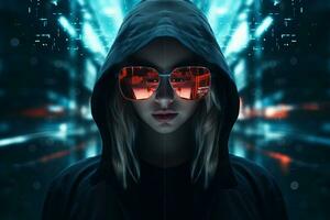 a woman wearing sunglasses and a black hoodie generative ai photo