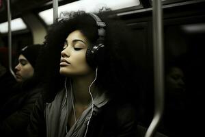 a woman wearing headphones on a subway train generative ai photo