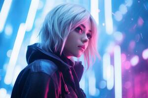 a woman with blonde hair standing in front of neon lights generative ai photo