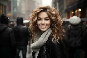 a woman with curly hair standing in the middle of a city street photo