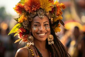 un mujer con rastas y flores en su pelo generativo ai foto