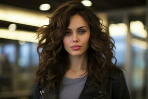 a woman with long brown hair and a leather jacket generative ai photo