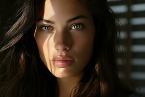 a woman with long brown hair and green eyes photo