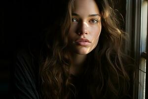 a woman with long brown hair looking out the window generative ai photo