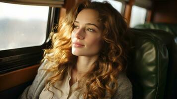 a woman with long curly hair sitting on a train generative ai photo