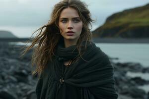 a woman with long hair standing on a rocky beach generative ai photo
