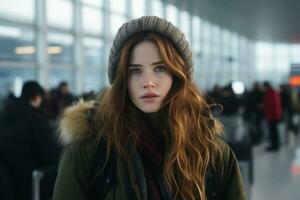 a woman with long red hair and a beanie standing in an airport generative ai photo