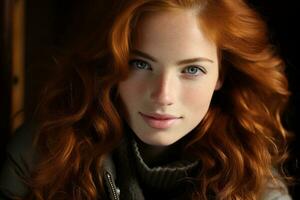 a woman with long red hair and blue eyes photo