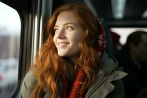 un mujer con largo rojo pelo sentado en un autobús generativo ai foto