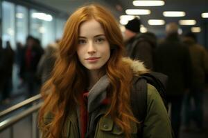 a woman with long red hair standing in an airport photo