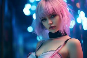a woman with pink hair posing in front of neon lights photo