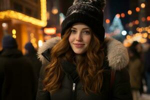 a woman with long red hair wearing a winter hat photo