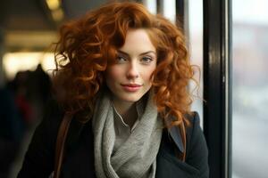 a woman with red curly hair looking out the window photo