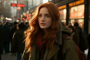 a woman with long red hair walking down the street generative ai photo