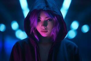 a woman with purple hair and a black hoodie generative ai photo