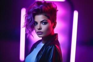 a woman with purple hair in front of neon lights generative ai photo