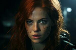 a woman with red hair and blood on her face generative ai photo