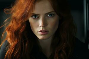 un mujer con rojo pelo y azul ojos foto