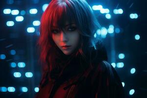 a woman with red hair and black jacket standing in front of lights generative ai photo