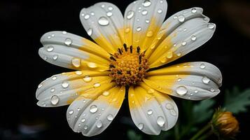un amarillo y blanco flor con agua gotas en eso generativo ai foto