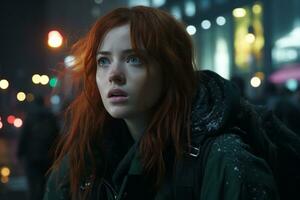 a woman with red hair standing in the middle of a city at night generative ai photo