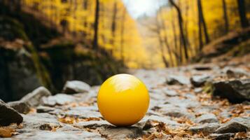 a yellow egg is sitting on the ground in the middle of a forest generative ai photo
