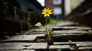 a yellow flower growing out of a crack in a brick wall generative ai photo