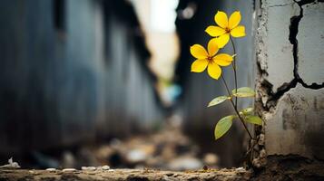 a yellow flower growing out of a crack in a wall generative ai photo