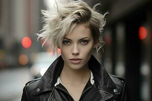 a woman with short blonde hair and a leather jacket generative ai photo