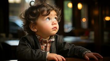 a young boy looking up at something in a restaurant generative ai photo