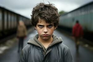 a young boy is standing in front of a train track generative ai photo