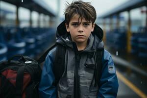 un joven chico es en pie en un tren plataforma en el lluvia generativo ai foto