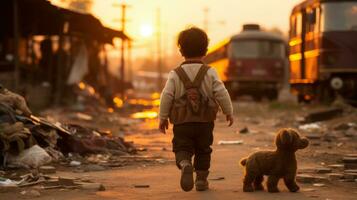 a young boy walking with a teddy bear on a dirt road generative ai photo