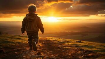 un joven chico caminando arriba un colina a puesta de sol generativo ai foto