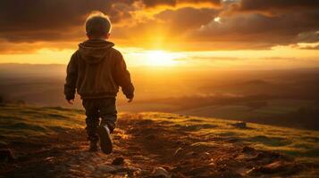 a young boy walking up a hill at sunset generative ai photo