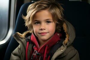 a young boy sitting on a train looking out the window generative ai photo