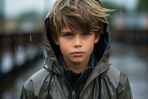 un joven chico en un lluvia chaqueta en pie en el lluvia generativo ai foto